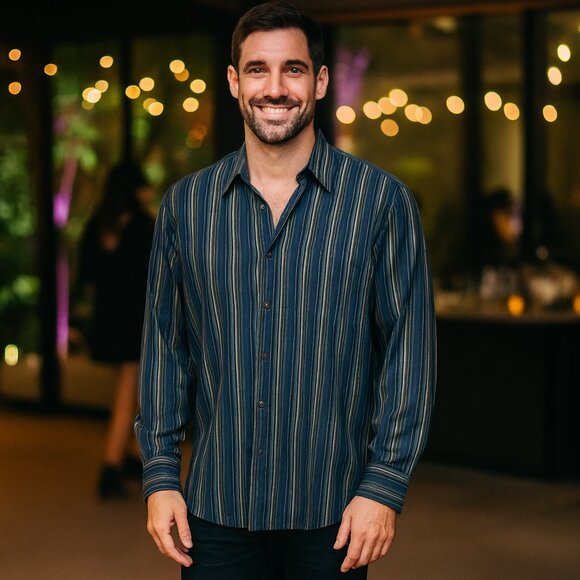 Tommy Bahama Men L Multicolor Striped 100% Tencel Button Up Long Sleeve Shirt - Picture 1 of 10